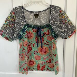 Anthropologie FEI Flores Peasant Top Blouse Mixed Media Silk Floral Embroidery 8